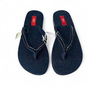 vintage Y2K 2000s retro Mossimo navy blue denim flip flops silver rhinestones 7
